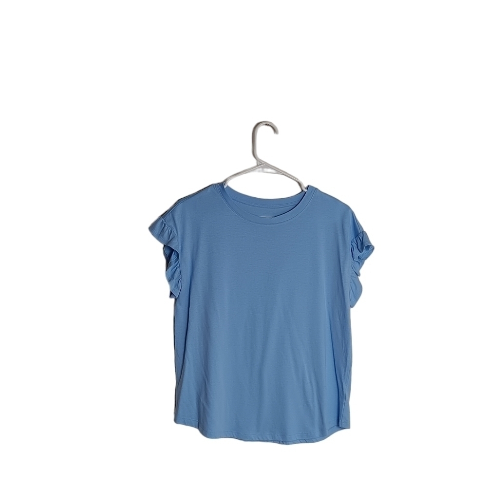 Crown & Ivy Women's Light Blue Short Sleeve Top With Ruffle Shoulders. S…